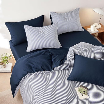 Wake In Cloud - Striped Comforter Set with Sheets, Ticking Stripe Vertical Pinstripe Neutral Farmhouse Pattern Printed, 7 Pieces Bed in a Bag, Navy Blue White, Full Size