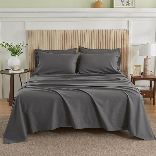 Simple&Opulence Belgian Linen Sheet Set Solid Color - 6 Pieces (1 Flat Sheet & 1 Fitted Sheet & 4 Pillowcases) 16" Deep Pocket Natural Flax Cotton Blended Soft Bedding - Dark Grey, King Size