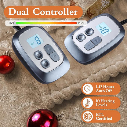 Heated Electric Blanket Quen Size 84"x90", 10 Heat Settings & 1-12H Timer, Ultra Plush Ribbed Fabric Electric Throw for Bed, Sofa, Dual Control, Machine Washable, Office All Season Use- Camel