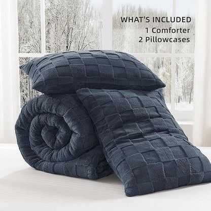 Litanika King Size Fluffy Comforter Set Navy,3 Pieces Warm Sherpa Fleece Winter Bedding Set,Jacquard Checkered Plush Fuzzy Bed Set(1 Comforter, 2 Pillowcases)