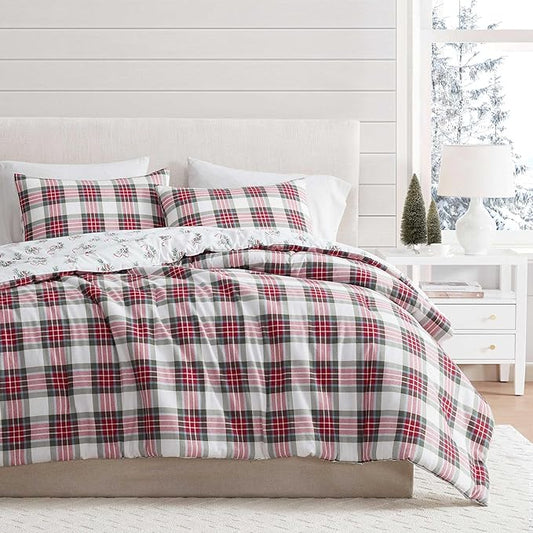 Martha Stewart - Twin Bedding Comforter Sets, Wonderfully Plush & Naturally Soft Cotton Flannel Bedding w/Matching Pillowcases, 2 Piece Bed Sets (Yuletide Spruce Plaid/Holiday Ribbons Red)