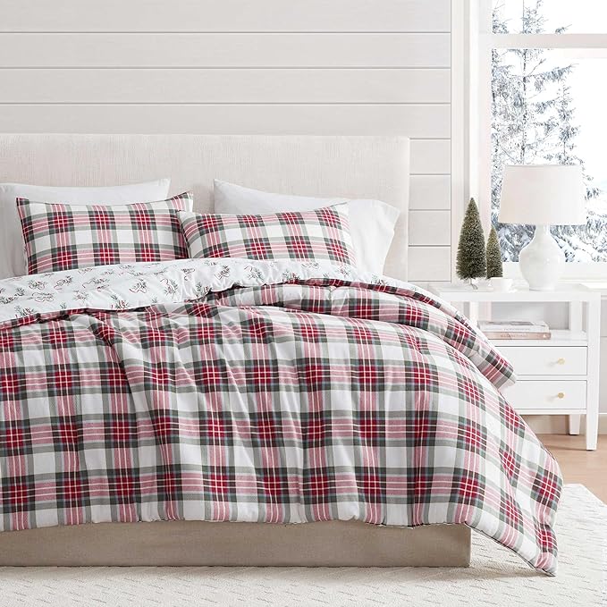 Martha Stewart - King Bedding Comforter Sets, Wonderfully Plush & Naturally Soft Cotton Flannel Bedding w/Matching Pillowcases, 3 Piece Bed Sets (Yuletide Spruce Plaid/Holiday Ribbons Red)
