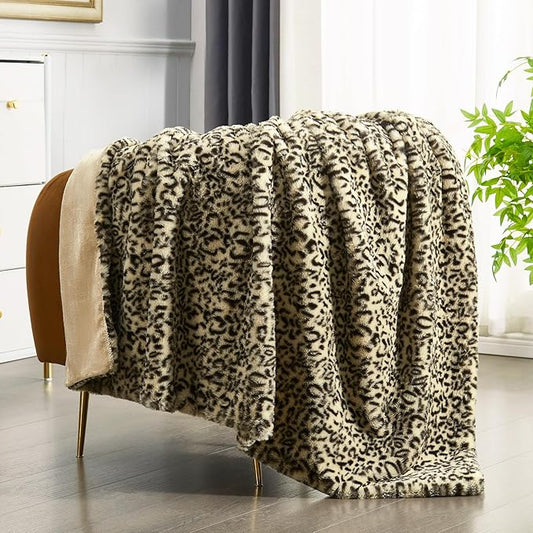JONIYEAR Decorative Brown Leopard Print Faux Rabbit Fur Twin Size Blanket 60" x 70", Double Sided Soft Thick Warm Cheetah Blankets for Winter, Oversized Cute Cozy Animal Printed Blanket for Women