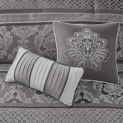 Madison Park Bellagio Cozy Comforter Set - Luxurious Jaquard Traditional Damask Design, All Season Down Alternative Bedding with Matching Shams, Decorative Pillow, Queen(90"x90"), Grey 7 Piece