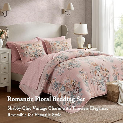 Madison Park Essentials Floral Comforter Set King Size, Vintage Flower Bedding Set with Sheet Set, 7 Pieces Bed in a Bag with Reversible Botanical Comforter and Pillowcases & Shams, Heather, Pink