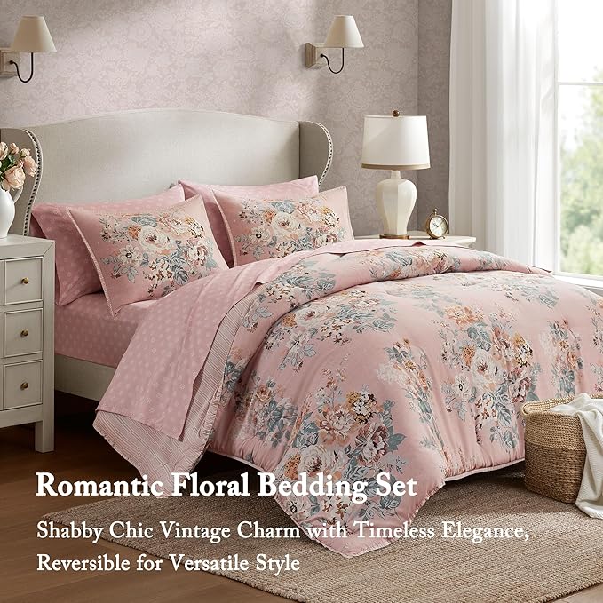 Madison Park Essentials Floral Comforter Set Full Size, Vintage Flower Bedding Set with Sheet Set, 7 Pieces Bed in a Bag with Reversible Botanical Comforter and Pillowcases & Shams, Heather, Pink
