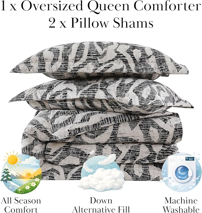 Southshore Fine Living, Inc. Full/Queen Sized Comforter Bedding Set, Down Alternative Comforter with Matching Shams, Modern Abstract Prints Bed Spread, Fits Full & Queen Beds, Slate Khari