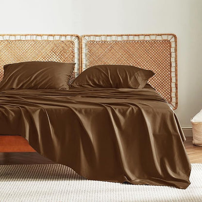 Bedsure Queen Sheet Set, Rayon Derived from Bamboo, Cooling Sheets, Breathable & Soft, Deep Pocket Up to 16 Inches, Hotel Luxury Silky Bedding for Hot Sleepers, Brown