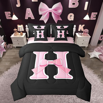 jejeloiu Kids Girls Black Pink Bow Comforter Set with Sheets King Size Monogrammed 7 Piece Bedding Set Personalized Initial H Bed in a Bag with Comforter,Sheets,Pillowcases Modern Fashion Bed Set