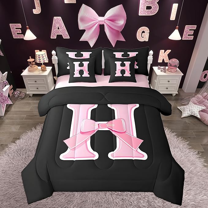 jejeloiu Kids Girls Black Pink Bow Comforter Set with Sheets Twin Size Monogrammed 7 Piece Bedding Set Personalized Initial H Bed in a Bag with Comforter,Sheets,Pillowcases Modern Fashion Bed Set