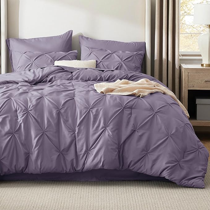 Bedsure Twin Comforter Set Grayish Purple - Bed in a Bag Twin Size Bedding 5 Pieces, GentleSoft™ Pintuck Bed Set Gift for Family, Pinch Pleat Grayish Purple Comforter with Sheets, Pillowcase & Sham