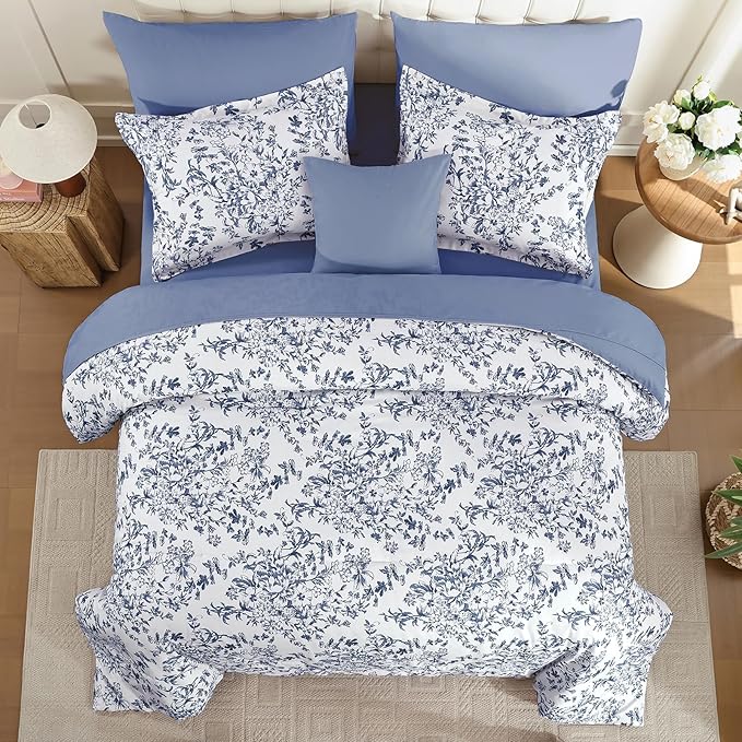 WONGS BEDDING Blue Floral Comforter Set Full Size, 8 Pieces Flower Botanical Bed in a Bag Bedding Set, Soft Microfiber Comforter, Sheets, Pillowcases & Shams (78"x90")