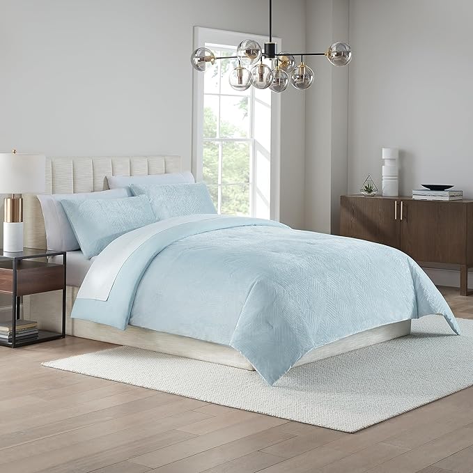Nine West Maya 2 Piece Embossed Velvet Comforter Set, Luxurious All Season Bedding Including One Comforter and One Pillow Sham, Twin, Light Blue