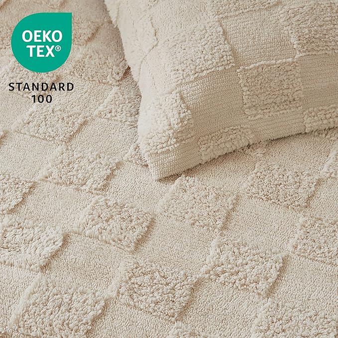 Joiedomi Tufted Full Size Comforter Set, 3 Pieces Beige Boho Full Bedding Set with 1 Plaid Geometric Comforter and 2 Pillow Shams, Checkered Bed in a Bag for All Seasons