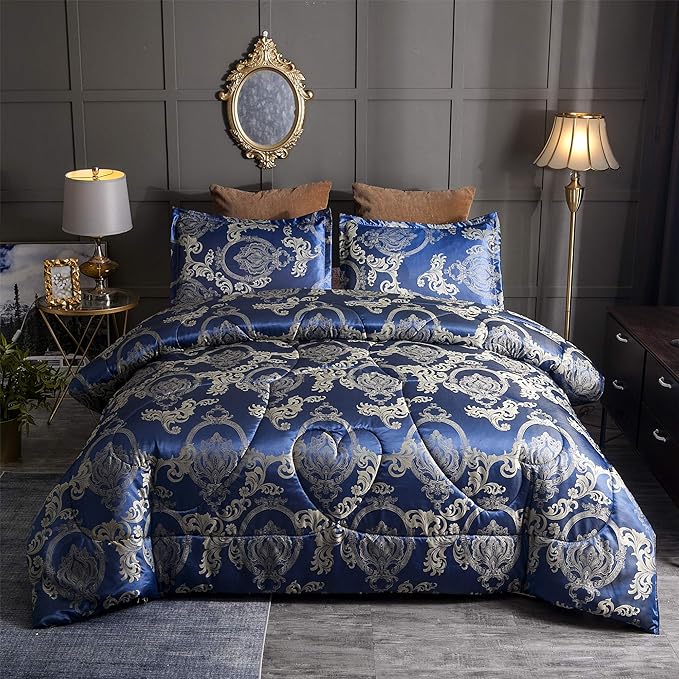 Royal Blue Twin Comforter Set All Season Silk Jacquard Bed Set, Lightweight Quilt, Ultra Soft Microfiber Bedding Comforter Sets with 2 Pillow Shams(Twin/Twin XL, 3 Pieces)
