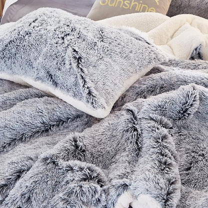 Luxury Faux Fur Shaggy Comforter Set Full/Queen Size, Plush & Sherpa Reversible Comforter Grey with White, 3-Piece Fluffy Fuzzy Bedding Set Ultra Soft and Warm for Winter (1 Comforter + 2 Pillowcases)