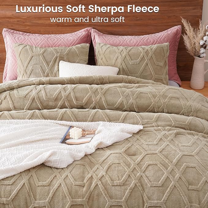 PHF Warm Sherpa Fleece Twin Comforter Set, 3D Tufted Fluffy Khaki Bedding for Winter, Soft 2 Pieces Shaggy Bed Set, 1 Comforter (68"x90") and 1 Pillowcase (20"x26")