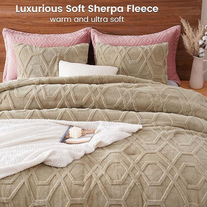 PHF Warm Sherpa Fleece Twin Comforter Set, 3D Tufted Fluffy Khaki Bedding for Winter, Soft 2 Pieces Shaggy Bed Set, 1 Comforter (68"x90") and 1 Pillowcase (20"x26")