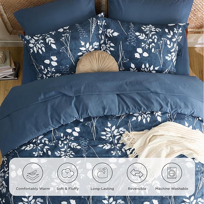 Bedsure Navy Oversized Queen Comforter Set - 7 Pieces Floral Bedding Sets Oversized Queen Bed in a Bag with Reversible Botanical Flowers Comforter, Sheets, Pillowcases & Shams