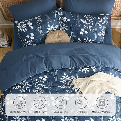 Bedsure Navy Oversized Queen Comforter Set - 7 Pieces Floral Bedding Sets Oversized Queen Bed in a Bag with Reversible Botanical Flowers Comforter, Sheets, Pillowcases & Shams