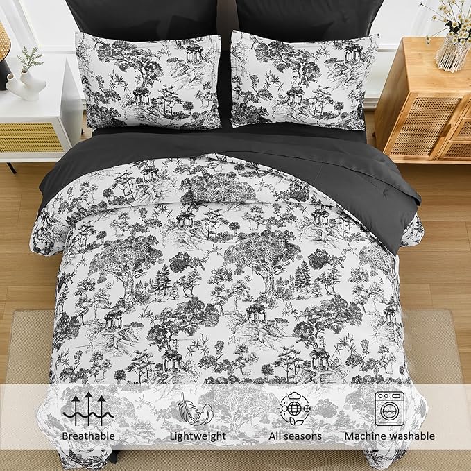 DJY Black Comforter Set Queen, 7 Pieces Black and White Botanical Comforters Queen Size Elegant Plants Print with Sheets Bed in a Bag Soft Microfiber Reversible Complete Bedding Sets for All Season