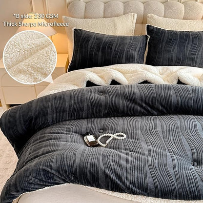 3D Striped Jacquard Sherpa Comforter Set King Size, Boho Geometric Pattern Quilt Bedding 3 Pieces Warm Cozy Fuzzy Comforter with 2 Pillowcases(104"X90" Dark Grey)
