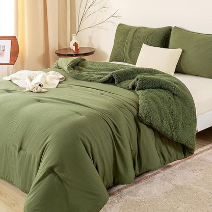 Warm Ultra-Soft Sherpa Fleece Fluffy Comforter Queen Set - Plush Cozy Olive Green Sherpa Bedding Down Alternative Blanket Comforter and 2 Pillowshams Winter Fall for Full/Queen Size Bed