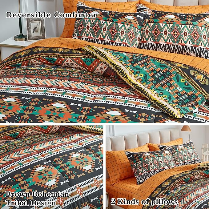 Flysheep Boho Bed in a Bag 6 Pieces Twin for Kids, Southwestern Bohemian Tribal Striped Printed, Reversible Bed Comforter Set (1 Comforter, 1 Flat Sheet, 1 Fitted Sheet, 2 Pillow Shams, 1 Pillowcase)