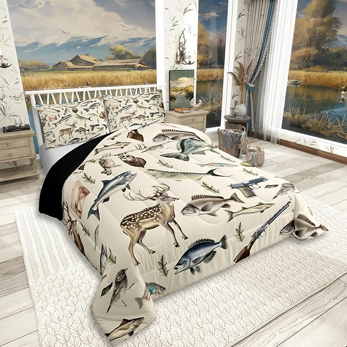 Erosebridal Hunting and Fishing Toddler Bedding Set,Deer Hunting Comforter Set for Kids Boys Girls,Big Bass Pike Fish Comforter,Rustic Cabin Lake House Bedroom Room Decor,1 Pillowcase Breathable