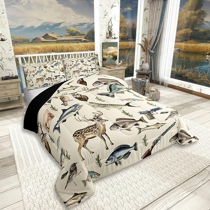 Erosebridal Hunting and Fishing Toddler Bedding Set,Deer Hunting Comforter Set for Kids Boys Girls,Big Bass Pike Fish Comforter,Rustic Cabin Lake House Bedroom Room Decor,1 Pillowcase Breathable