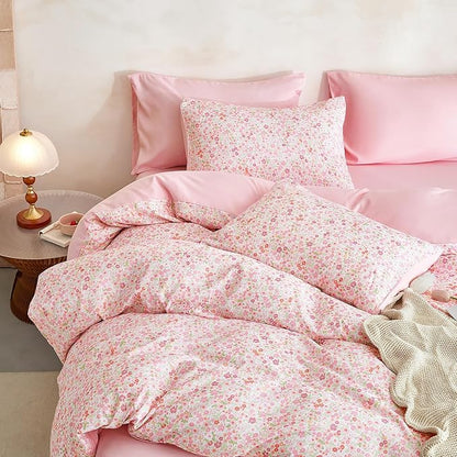 Wake In Cloud - Floral Comforter Set, Cute Vintage Flower Cottagecore Aesthetic for Women Teen Girls, Soft Lightweight Dorm Bedding, 3 Pieces, Pink, Full Size
