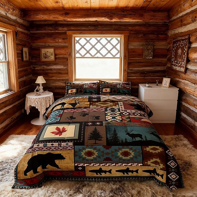 Rustic Cabin Bedding Comforter Sets Queen Size, Lodge Bear Bedding Sets, Southwestern Quilt Duvet Moose Deer Country Farmhouse Animal Wildlife Hunting Brown Patchwork Plaid Quilt, 2 Pillowcases