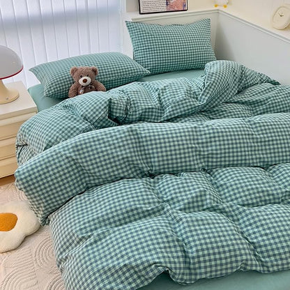 mixinni Dark Green Gingham Comforter Set Queen, Plaid Comforter Set 3 Pieces 1 Teal Grid Comfoter with 2 Pillow Cases for All Seasons, Soft Fluffy Modern Grid Pattern Printed Bedding-Queen Size