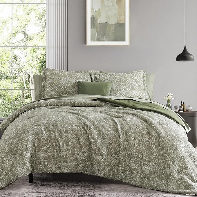 MaiRêve Queen Comforter Set Olive Green, Crinkle Textured Design Bedding Set 7 Pieces Bed in A Bag, All Season Farmhouse Comforter Set with Sheets, Pillowcases & Shams