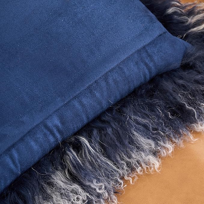 Genuine Mongolian Lamb Fur Pillow Cover – 12"x20" Rectangular Cushion Case – Soft Curly Wool Decorative Accent for Sofa, Bed, or Chair (Frosted Blue)