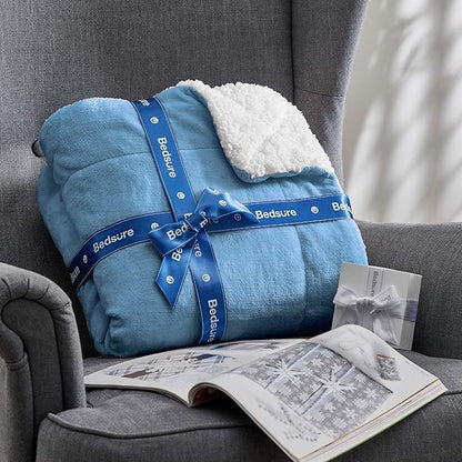 Bedsure GentleSoft Sherpa Fleece Throw Blanket Twin Size for Couch - Thick and Warm Throw for Women and Men, Soft Fuzzy Plush Twin Blanket for Winter, Non-Heated, Washed Blue, 60x80 Inches