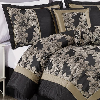 Chezmoi Collection Cameron Comforter Set California King Size, 7-Piece Black Gold Hibiscus Floral Jacquard Bedding Set