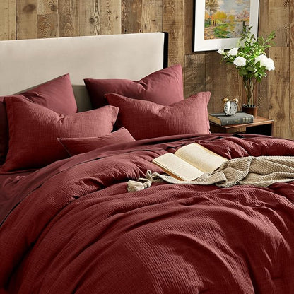 Geniospin Full Comforter Set - 7 Pieces Comforter Full Size, Solid Bedding Set for All Season, Dark Red Textured Bed in a Bag with Sheets