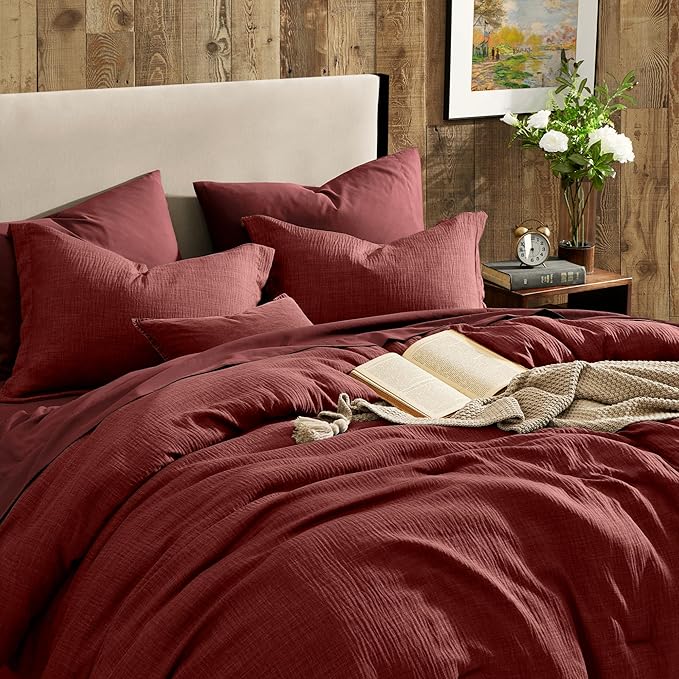 Geniospin Queen Comforter Set - 7 Pieces Comforter Queen Size, Solid Bedding Set for All Season, Dark Red Textured Bed in a Bag with Sheets