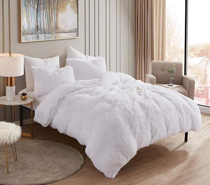 Plush Shaggy Comforter Set Ultra Soft Luxurious Faux Fur Decorative Fluffy Crystal Velvet Bedding with 2 Shams, Queen, White