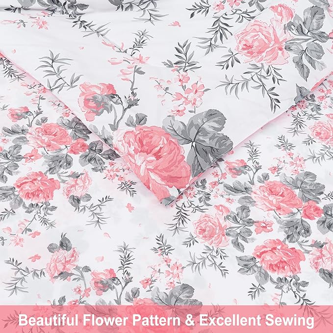 Floral Queen Comforter Set with Sheets, 7 Piece Luxury Vintage Bedding, Soft Microfiber Bed in a Bag, Cozy Lightweight Bed Set, Pink Flower Grey Leaf