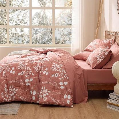 Bedsure Dusty Pink Twin Comforter Set - 5 Pieces Floral Bedding Sets, Twin Bed in a Bag with Reversible Botanical Flowers Comforter, Sheets, Pillowcase & Sham