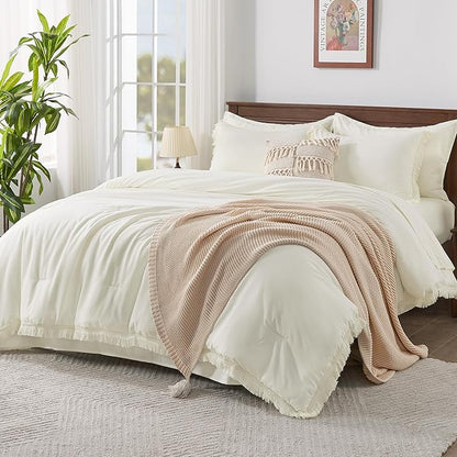 Andency Oversized King Comforter Set with Sheets 128x120 Ivory - 7 Pieces Bed in a Bag Boho Soft Lightweight Bedding Sets, Tassel Bed Set with Comforter, Sheets, Pillowcases & Shams