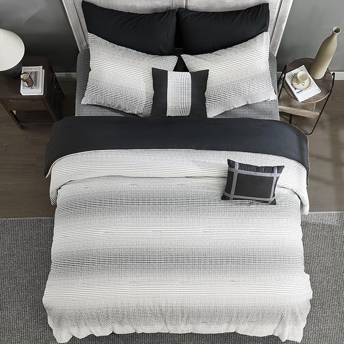 Wonderful Waffle Weave Comforter Set King, Striped Yarn-Dyed Textured Soft Breathable Reversible Cotton Comforter Set, 5 Piece White and Grey Fluffy Bedding Set with Pillow Shams, Decorative Pillows
