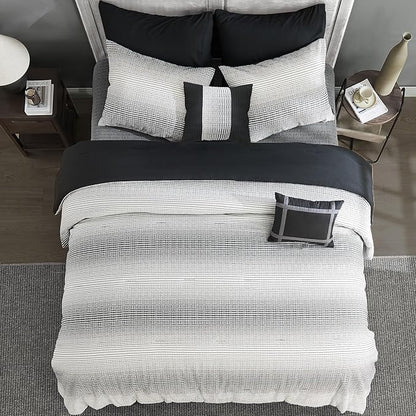 Wonderful Waffle Weave Comforter Set King, Striped Yarn-Dyed Textured Soft Breathable Reversible Cotton Comforter Set, 5 Piece White and Grey Fluffy Bedding Set with Pillow Shams, Decorative Pillows