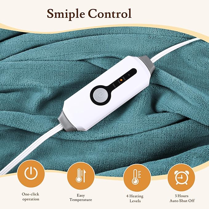 Electric Heated Blanket 50"x60" Throw Size Coral Fleece - 4 Heat Settings & 3H Auto Shut Off, Fast Heating, Machine Washable for Bed, Couch, Office - Teal