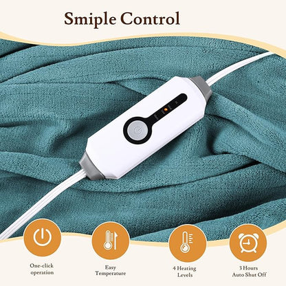 Electric Heated Blanket 50"x60" Throw Size Coral Fleece - 4 Heat Settings & 3H Auto Shut Off, Fast Heating, Machine Washable for Bed, Couch, Office - Teal