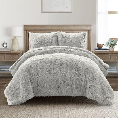 Lush Decor Emma Cozy Soft Fluffy Two Tone Faux Fur Comforter Set, Full/Queen, Gray - College Dorm Shaggy Plush Warm 3 Piece Bedding Set