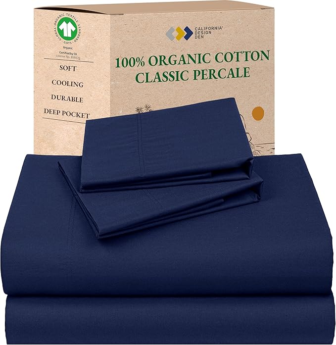 California Design Den King Size Sheets Deep Pocket Set - Soft 100% Organic Cotton Sheets, Crisp Percale, Breathable and Durable Bedding Set - Navy Blue