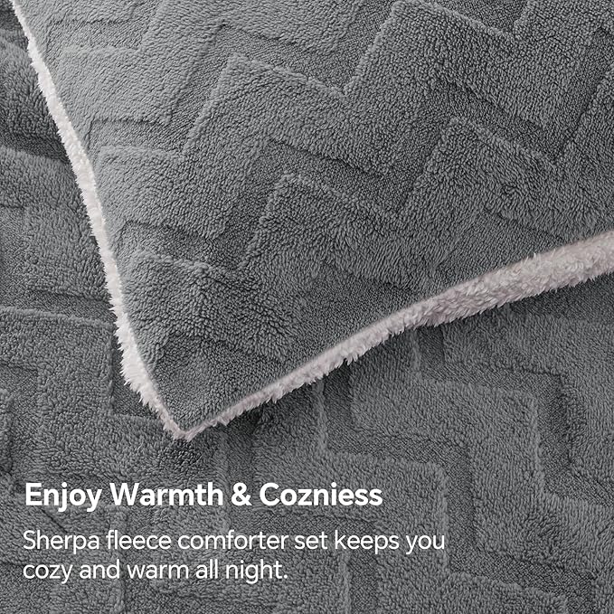 BEDELITE Fluffy King Size Comforter Set - Super Soft Sherpa Grey Comforter for King Size Bed, Luxury Warm Bedding Set for Winter, Fuzzy Bed Set 3 Pieces (1 Comforter, 2 Pillowcases)
